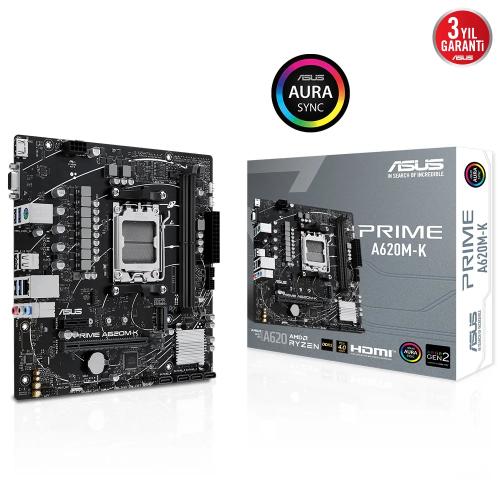 ASUS PRIME A620M-K 6400MHz(OC) DDR5 AM5 M.2 HDMI VGA MATX ANAKART